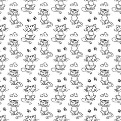 Hand drawn seamless pattern with adorable cats. Cute black pets isolated on white background. Texture, wallpaper template. Domestic cats, hearts and footprints.