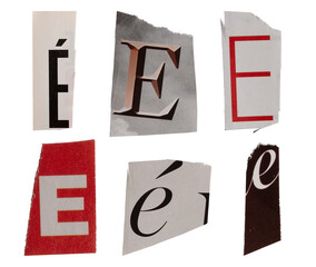 Ransom letter font E from printout magazine cutout, collage element for graphic design, png isolated on transparent background
