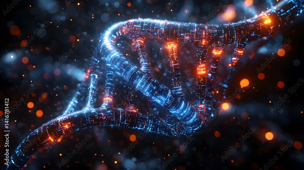 Poster dynamic representation of a dna helix in a futuristic, glowing design.