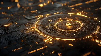 Illuminated Crypto Coin on Intricate Digital Circuit Board Design Background