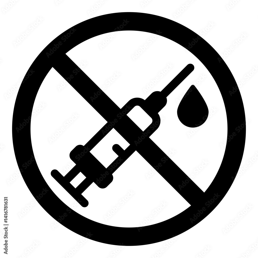 Poster syringe needle with drop ban solid icon, prohibited elements concept. vector graphics. injection of 