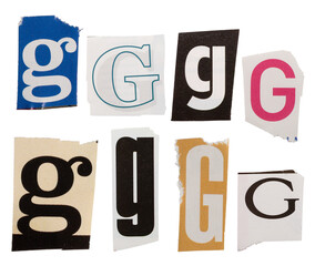 Ransom letter font G from printout magazine cutout, collage element for graphic design, png isolated on transparent background