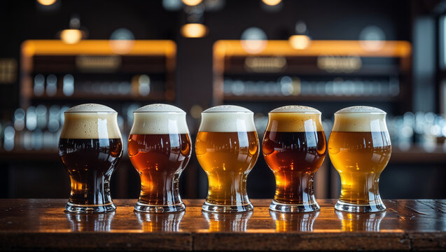 Five craft beer tasting glasses resting on wooden bar in blurred brewery background