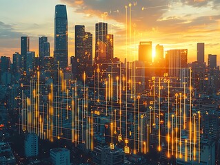 Golden digital network overlaying a modern cityscape at sunset.