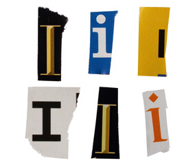 Ransom letter font I from printout magazine cutout, collage element for graphic design, png isolated on transparent background