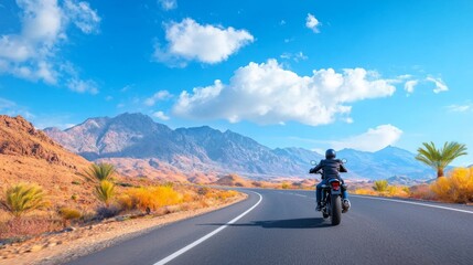 Fototapeta premium Person Test Riding a Modern Motorcycle on Winding Desert Road with Mountains Under Bright Blue Sky