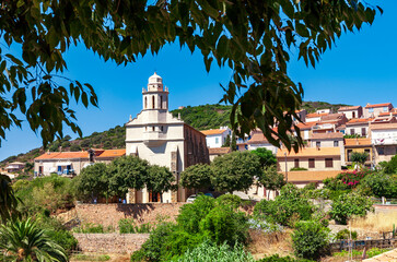 Greek church Saint-Spyrido, Cargèse, Corsica, France. Typical and picturesque hillside village. Hilltop town nestled on the coast above the Mediterranean sea.