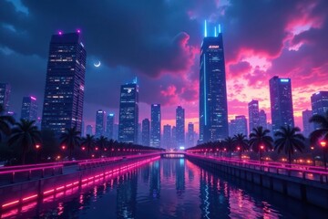 Fototapeta premium futuristic cityscape with skyscrapers and neon lights, building, cityscape, structure