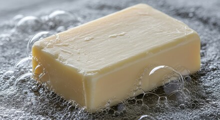 bar of soap submerged in bubbles, with the soap's smooth surface illuminated by the water droplets