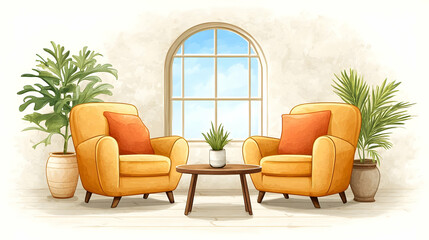 Fototapeta premium Cozy Modern Minimalist Living Room Interior with Yellow Armchairs