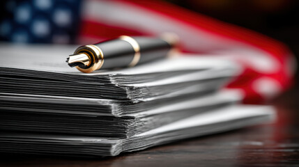 Documents, pen, American flag, paperwork, writing, government