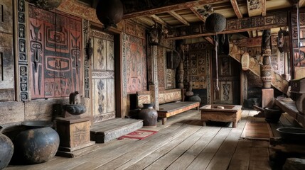 Intricate carvings and painted designs adorn a traditional Filipino house.