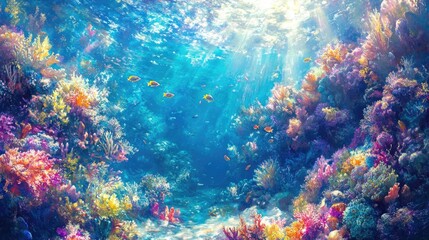 Naklejka premium A bright and colorful coral reef under the crystal-clear water, teeming with marine life.