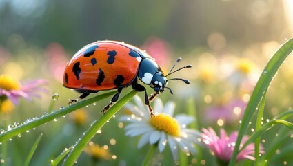 Fototapeta premium Ladybug on Dew Covered Grass and Flowers