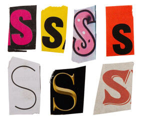 Ransom letter font S from printout magazine cutout, collage element for graphic design, png isolated on transparent background