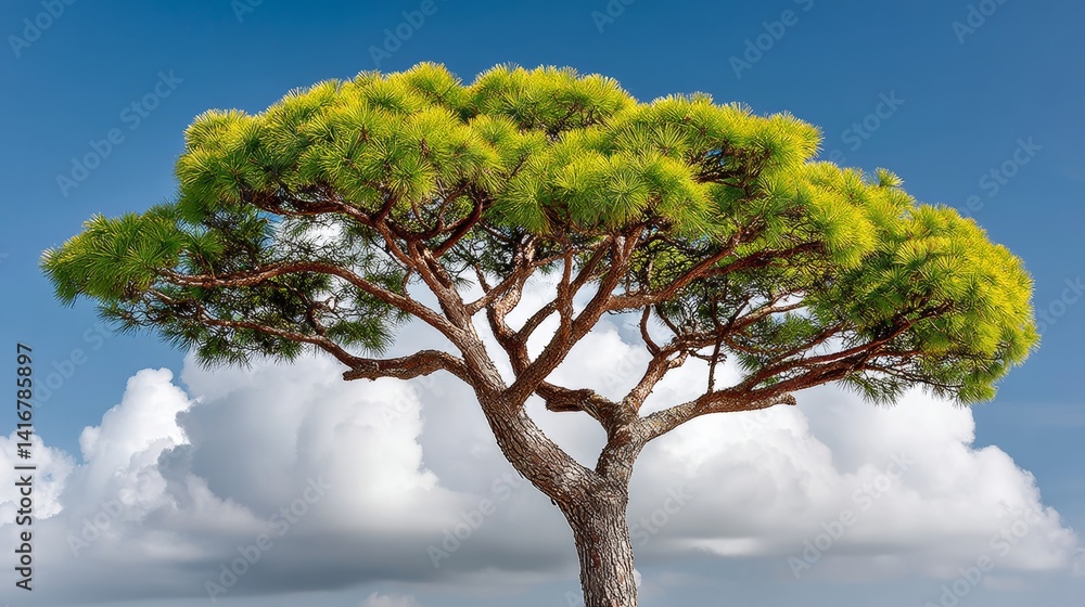 Poster large tree with green leaves is standing in front of a cloudy sky. the tree is the main focus of the