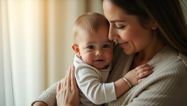 Capture a refined portrayal of mothers warmth as a nurturing figure radiates compassion and care while cradling her child in a serene indoor setting that epitomizes maternal love in  Photo Stock  Conc
