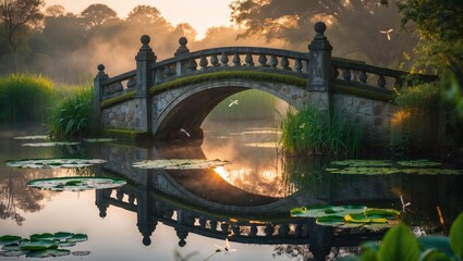 Stone bridge over pond with fog in garden