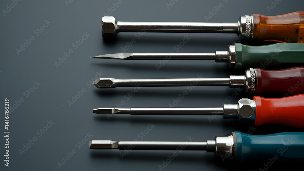 Poster professional composition of assorted screwdrivers arranged systematically, showcasing precision engi