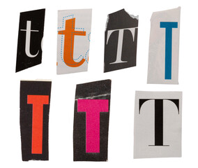 Ransom letter font T from printout magazine cutout, collage element for graphic design, png isolated on transparent background