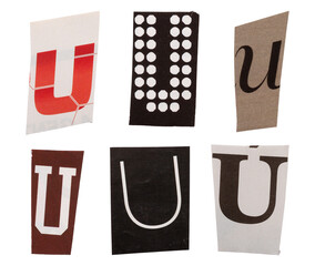 Ransom letter font U from printout magazine cutout, collage element for graphic design, png isolated on transparent background © Heleno