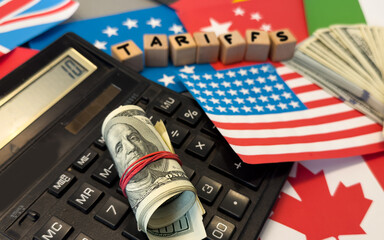 Tariff War shipping, trade and commerce concept, flags of the United States and the European Union