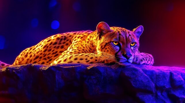 Dramatic portrait of a resting leopard bathed in colorful neon lights showcasing its distinctive spotted coat against a vivid background atmosphere