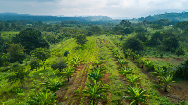 Aerial view of a lush green landscape with rows of palm trees and distant mountains under a cloudy sky