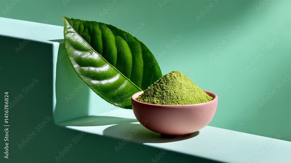 Poster small pink bowl filled with green powder is placed on a ledge next to a leaf. the bowl is positioned