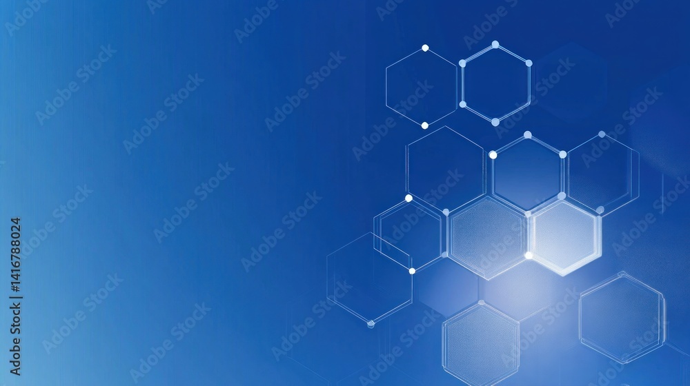 Poster abstract hexagonal geometric shapes on a gradient blue background.