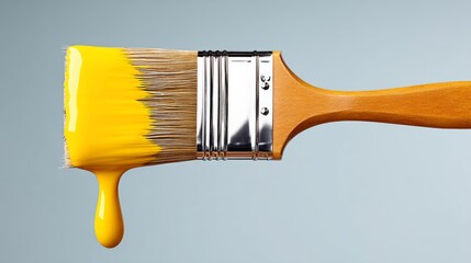 Paintbrush with yellow paint on it. The brush is being used to paint a wall. The brush is in the air, and the paint is dripping down the side of it