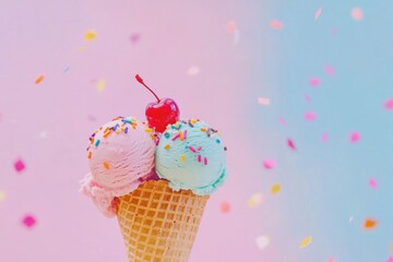 Ice cream waffle cone with pastel scoops and sprinkles, plus a cherry on top
