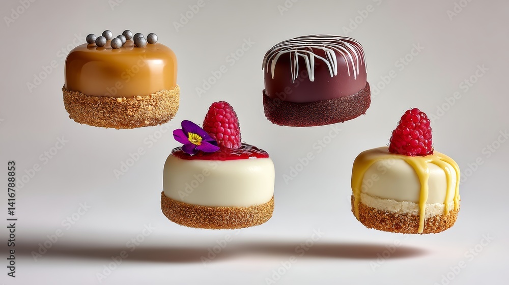 Poster four different types of cakes with raspberries on top. the cakes are in the air and appear to be flo