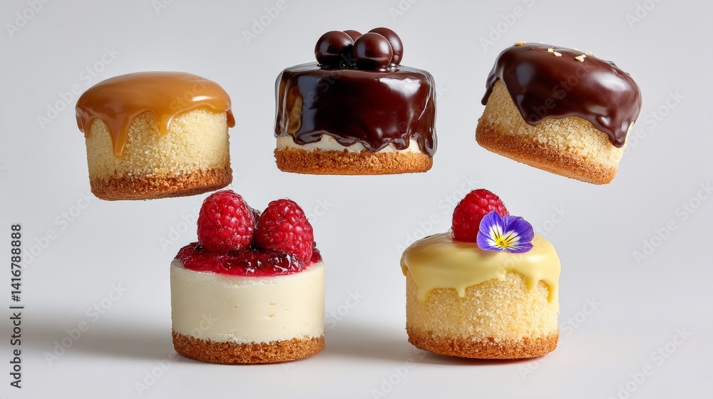 Poster close up of five different types of cakes with raspberries and flowers on top. the cakes are arrange