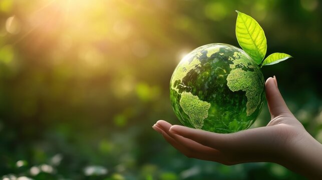 Hand of human holding a green world with an environment icon. Save the world, sustainable environment concept.