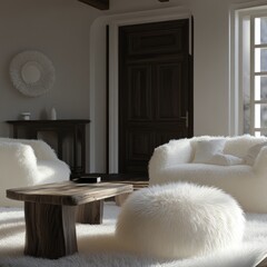 create a room with white teddyfur furniture and dark wood furniture and a white teddyfur pillow photorealistic