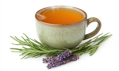 Herbal teacup, rosemary, lavender, steam, white background, relaxation, healthy drink