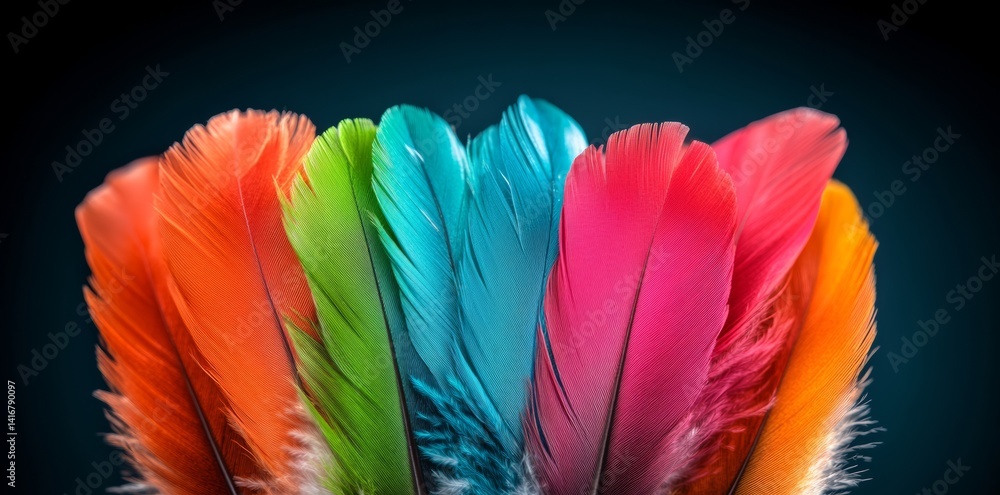 Poster colorful array of feathers, each with a different hue, are arranged in a circle. the feathers are vi