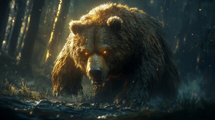 A majestic bear emerges from the dark water glowing with golden light eyes blazing in the forest offering a captivating nature scene portrait