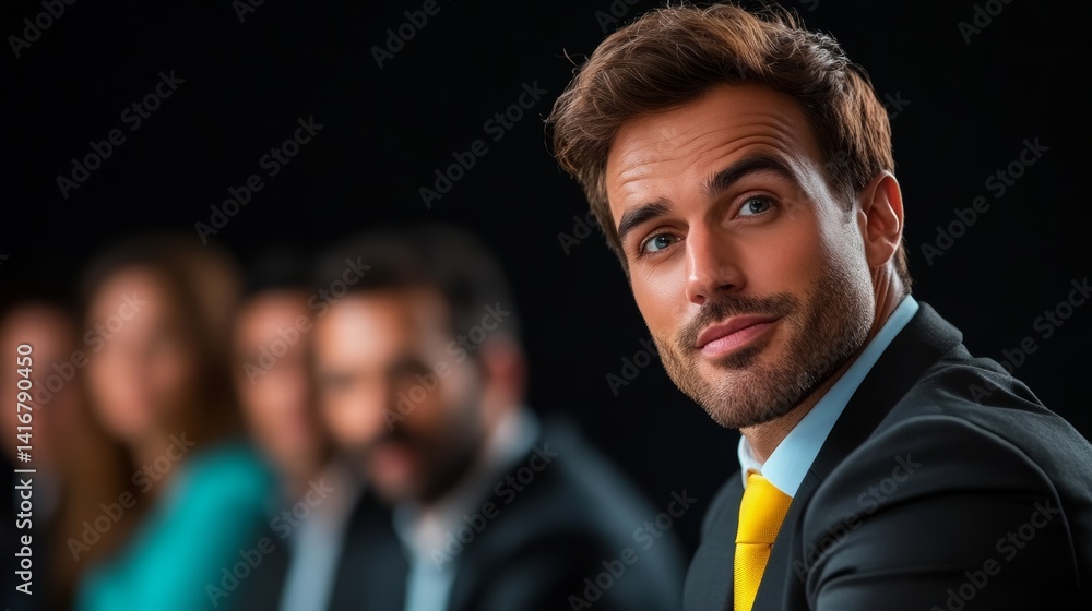 Poster man in a suit and tie is looking at the camera. he is the main focus of the image