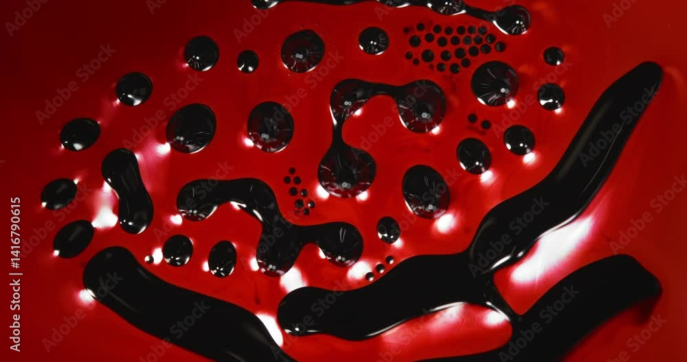 Poster numerous black droplets of varying sizes spread across a vivid red surface with glossy texture and s