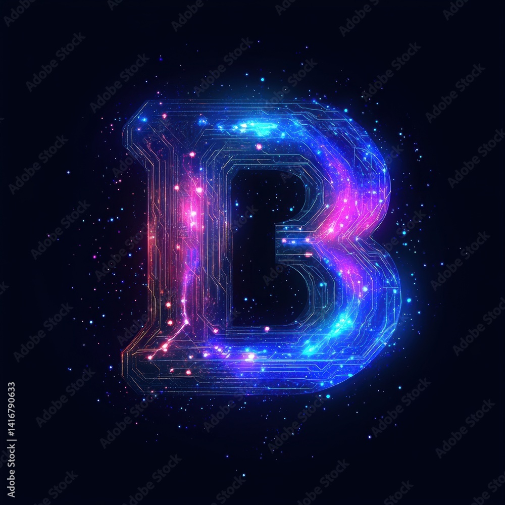Poster abstract neon 'b' letter formed by glowing circuitry and scattered particle design on dark backdrop