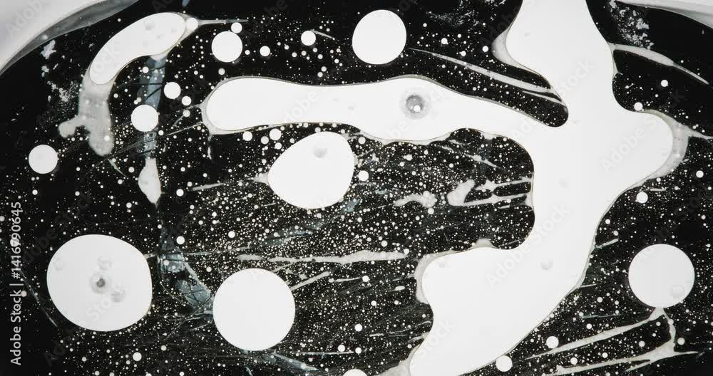 Poster black and white alcohol ink is creating abstract patterns on a white background, forming an interest