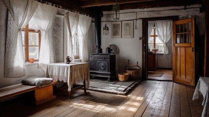 Rustic interior of a traditional farmhouse.