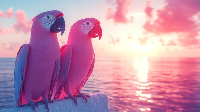 Pink parrots stand guard amidst the sunrise colors over the ocean in a digital rendering evoking dreamscapes and tropical serenity and calmness