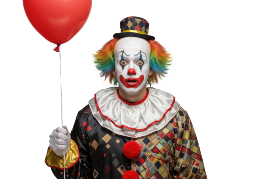 Isolated Spooky Clown Holding Red Balloon with Intense Stare