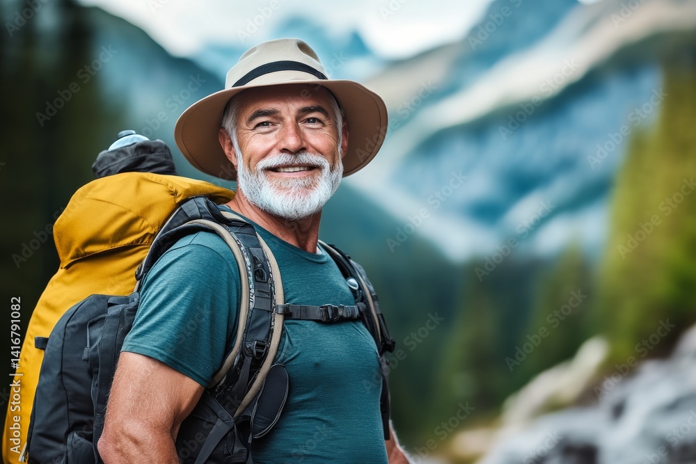 Poster man wearing a hat and a backpack is smiling. he is posing for a picture. the image has a happy and r