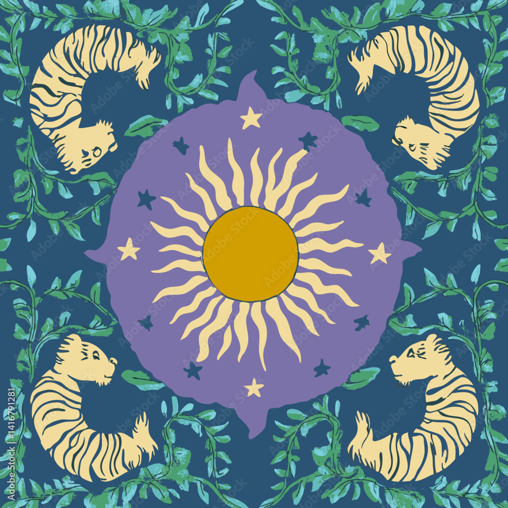 Poster celestial harmony: a vibrant illustration portrays the sun at the center with star. the image featur