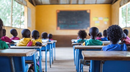 Interior of a traditional primary school classroom with students and desks