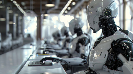 Fototapeta premium A row of humanoid robots working at a long table in a bright futuristic industrial setting or factory